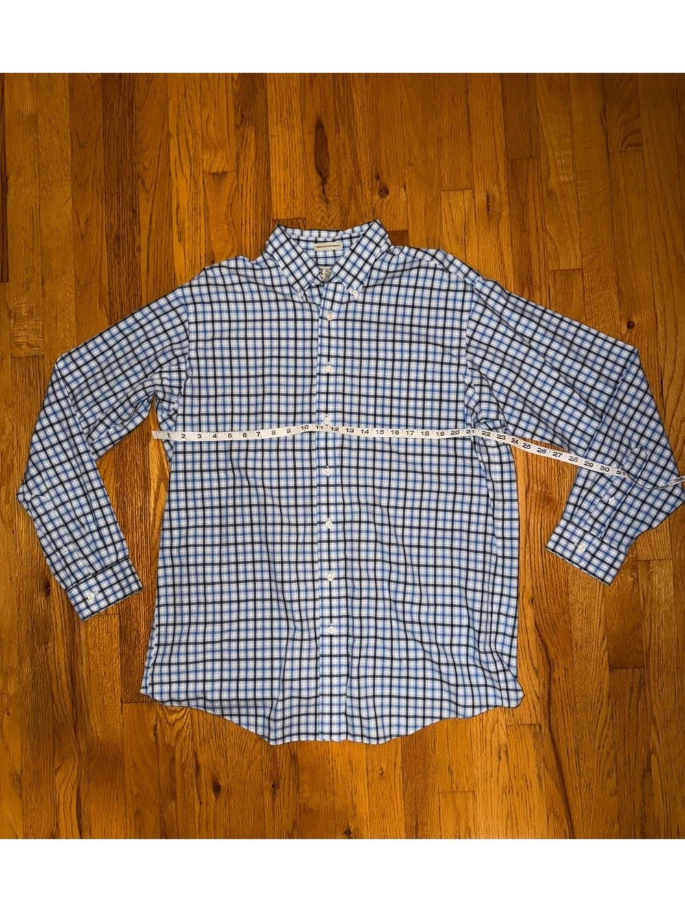 L.L.Bean Men’s L Tall Plaid Button Up Shirt Blue White 100% Cotton Long Sleeve